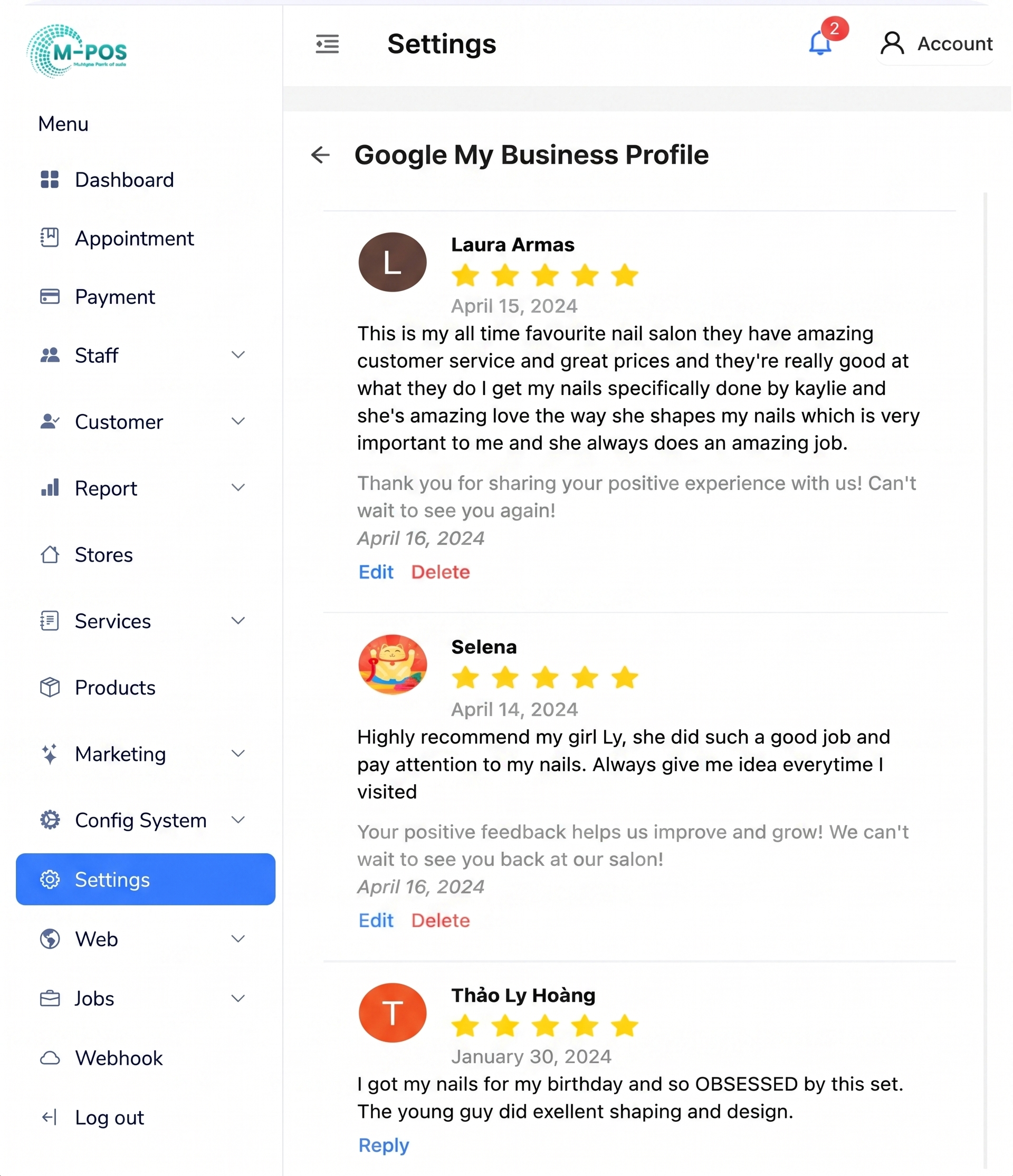 Mpos - Google My Business review and reply management dashboard.